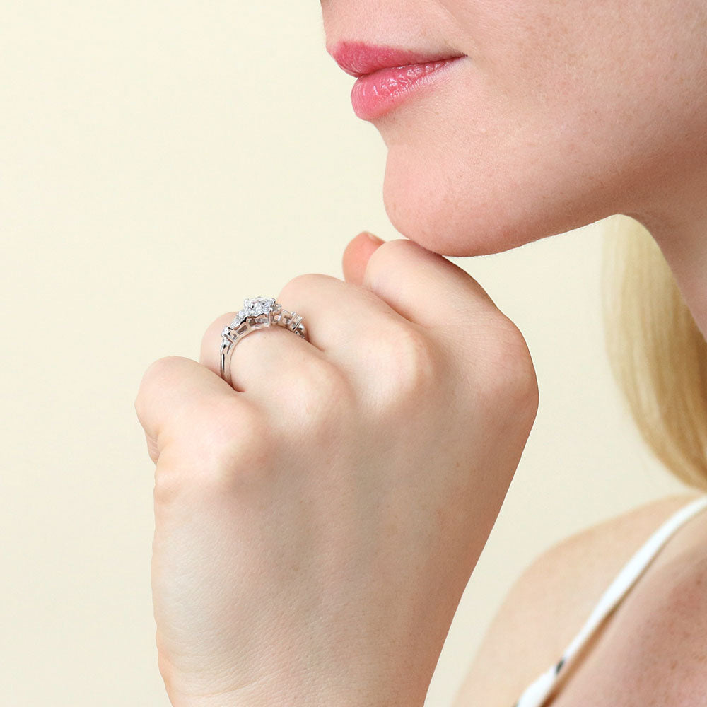 Model wearing Chevron Halo CZ Ring Set in Sterling Silver, 10 of 16