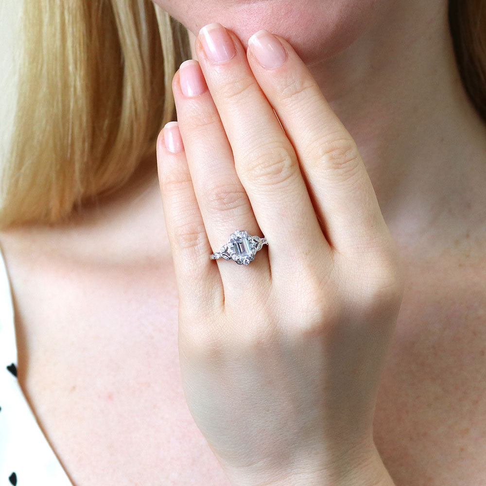 Model wearing Halo Art Deco Emerald Cut CZ Ring in Sterling Silver, 2 of 10