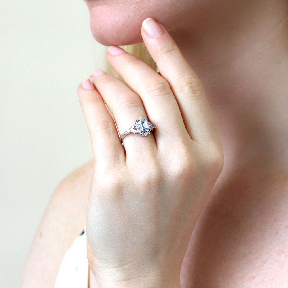 Halo Art Deco Emerald Cut CZ Ring in Sterling Silver