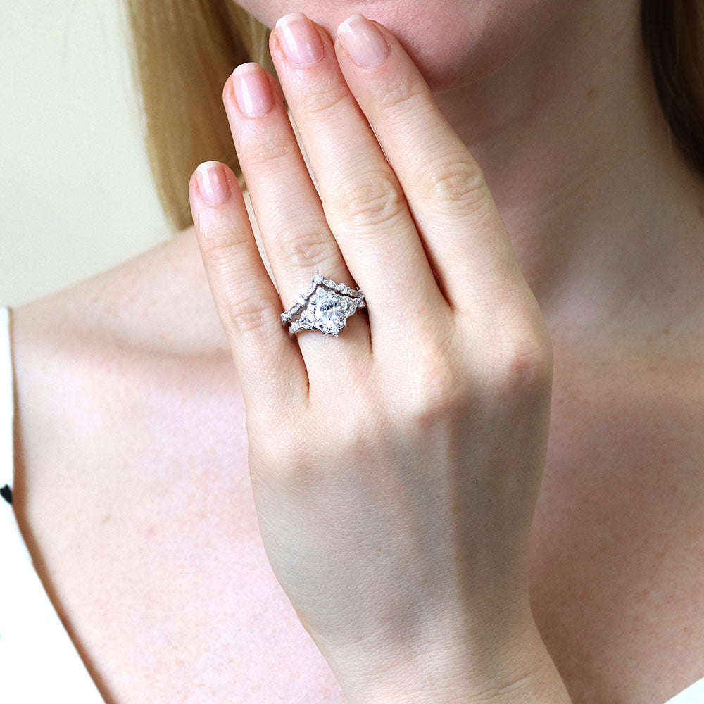 Model wearing Chevron Halo CZ Ring Set in Sterling Silver, 2 of 19