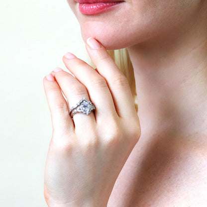 Halo Art Deco Chevron V Shaped CZ Ring Set in Sterling Silver