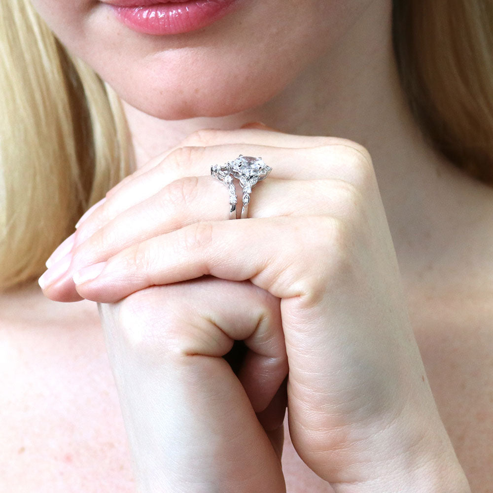 Model wearing Chevron Halo CZ Ring Set in Sterling Silver, 8 of 19