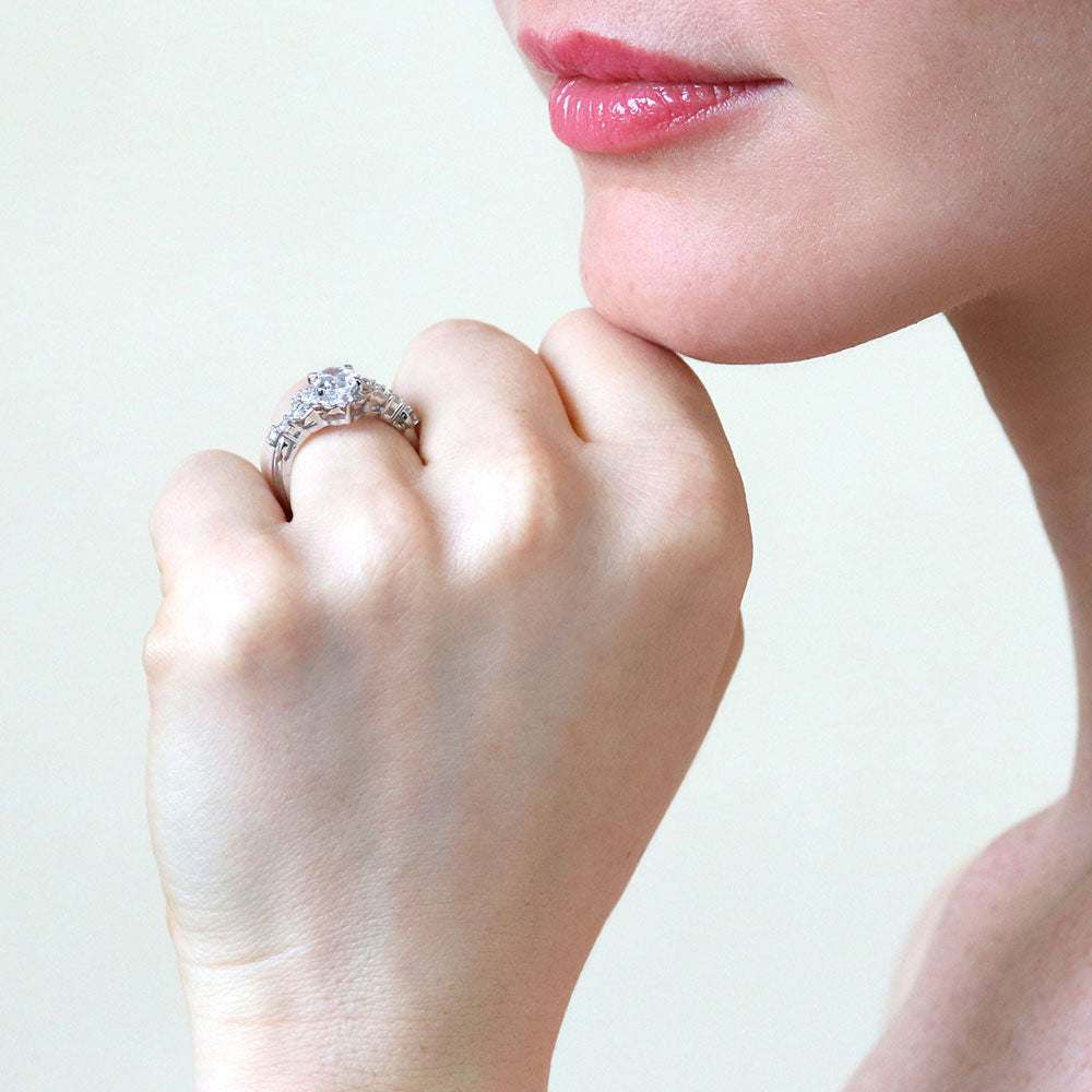 Model wearing Chevron Halo CZ Ring Set in Sterling Silver, 6 of 19