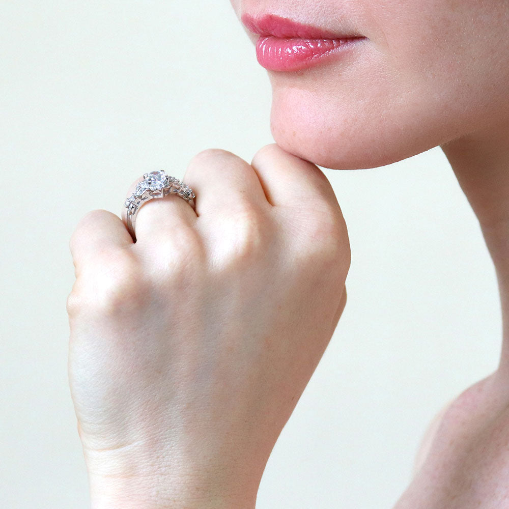 Model wearing Halo Art Deco Chevron V Shaped CZ Ring Set in Sterling Silver, 7 of 20