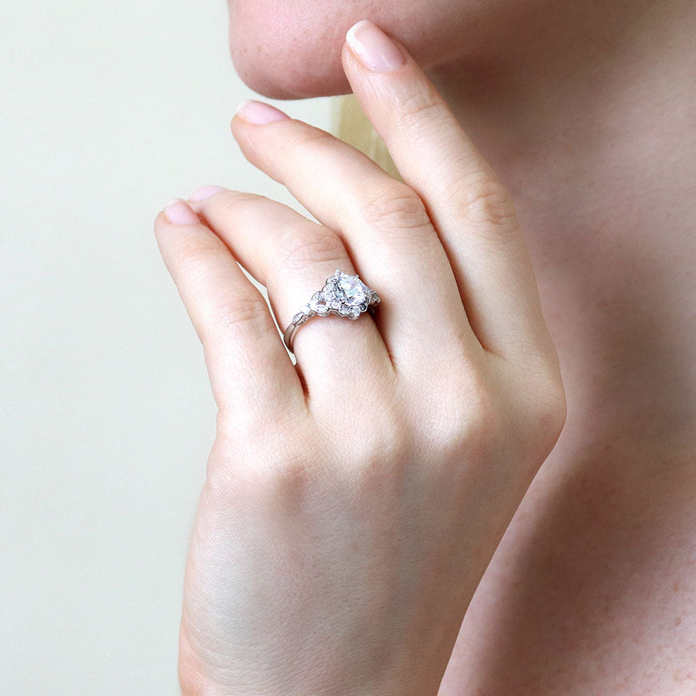 Model wearing Chevron Halo CZ Ring Set in Sterling Silver, 12 of 16