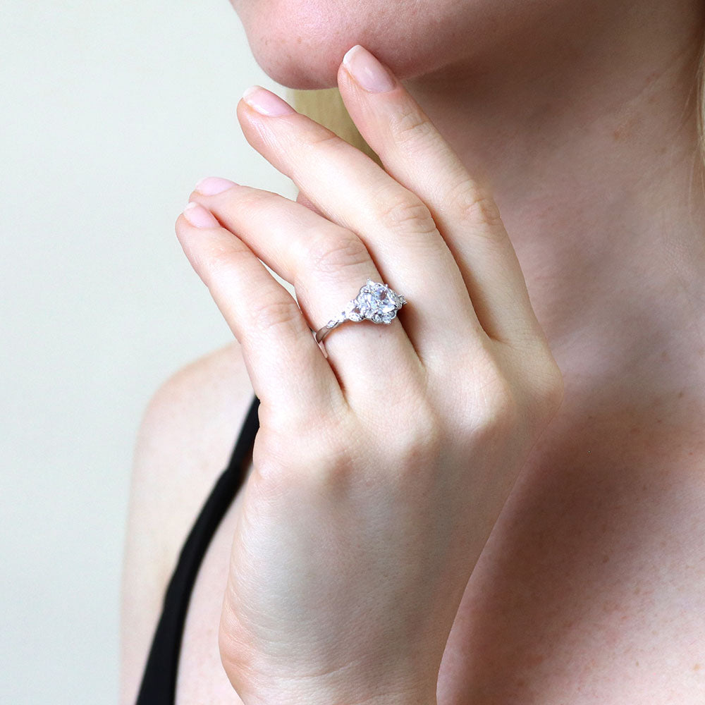 Model wearing Halo Art Deco Cushion CZ Ring in Sterling Silver, 7 of 10