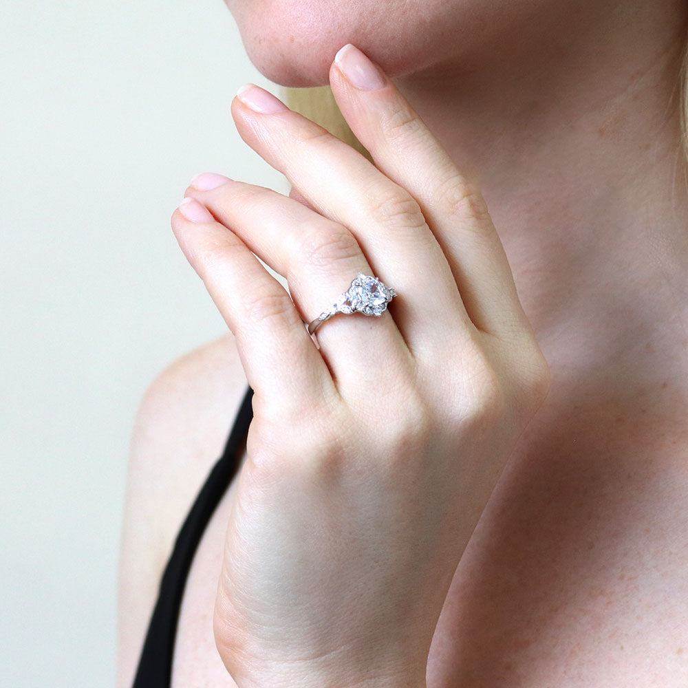 Model wearing Chevron Halo CZ Ring Set in Sterling Silver, 12 of 16