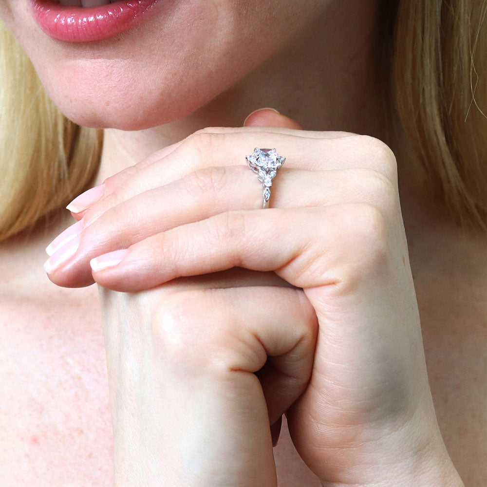 Model wearing Halo Art Deco Cushion CZ Ring in Sterling Silver, 6 of 10