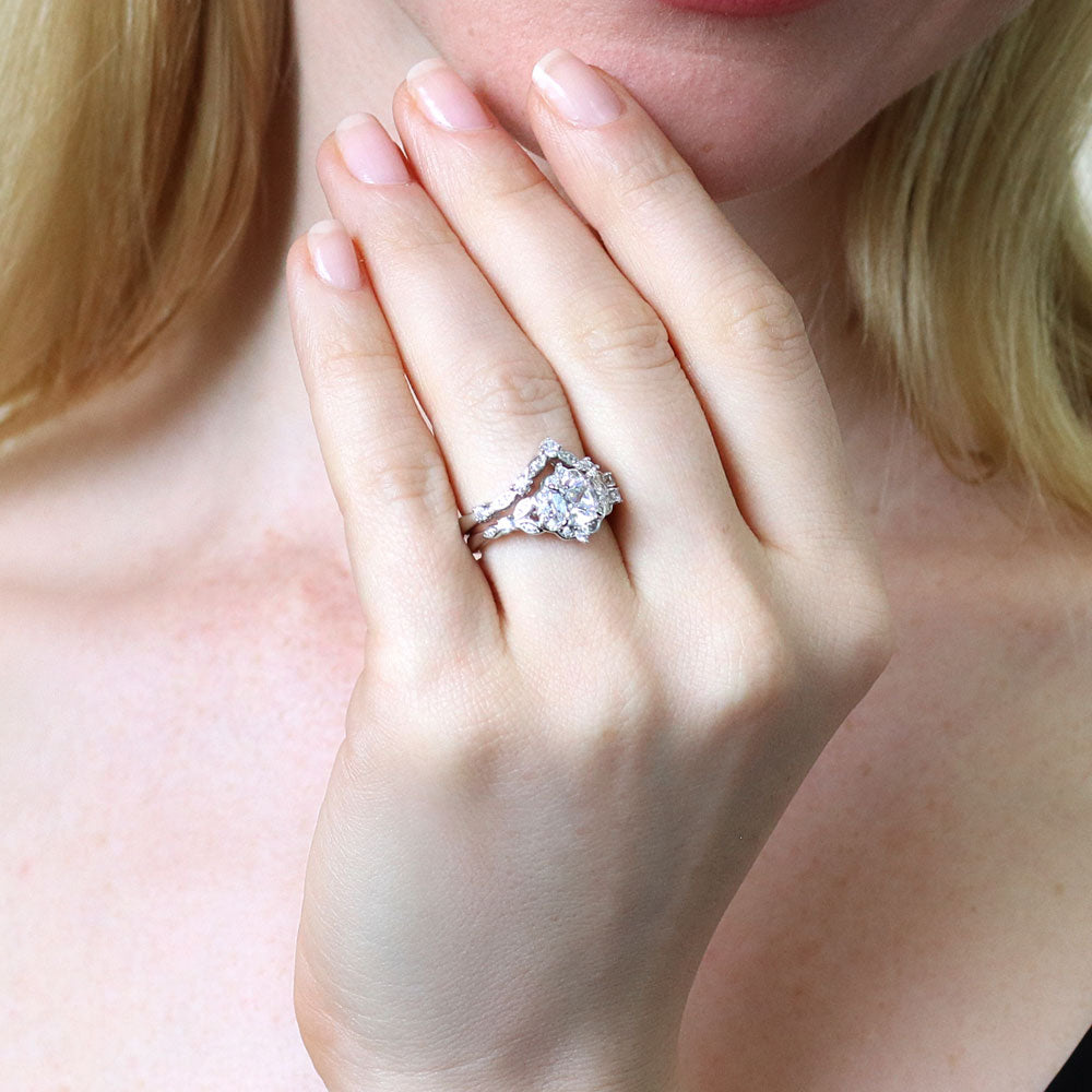 Model wearing Halo Wishbone Cushion CZ Ring Set in Sterling Silver, 3 of 19