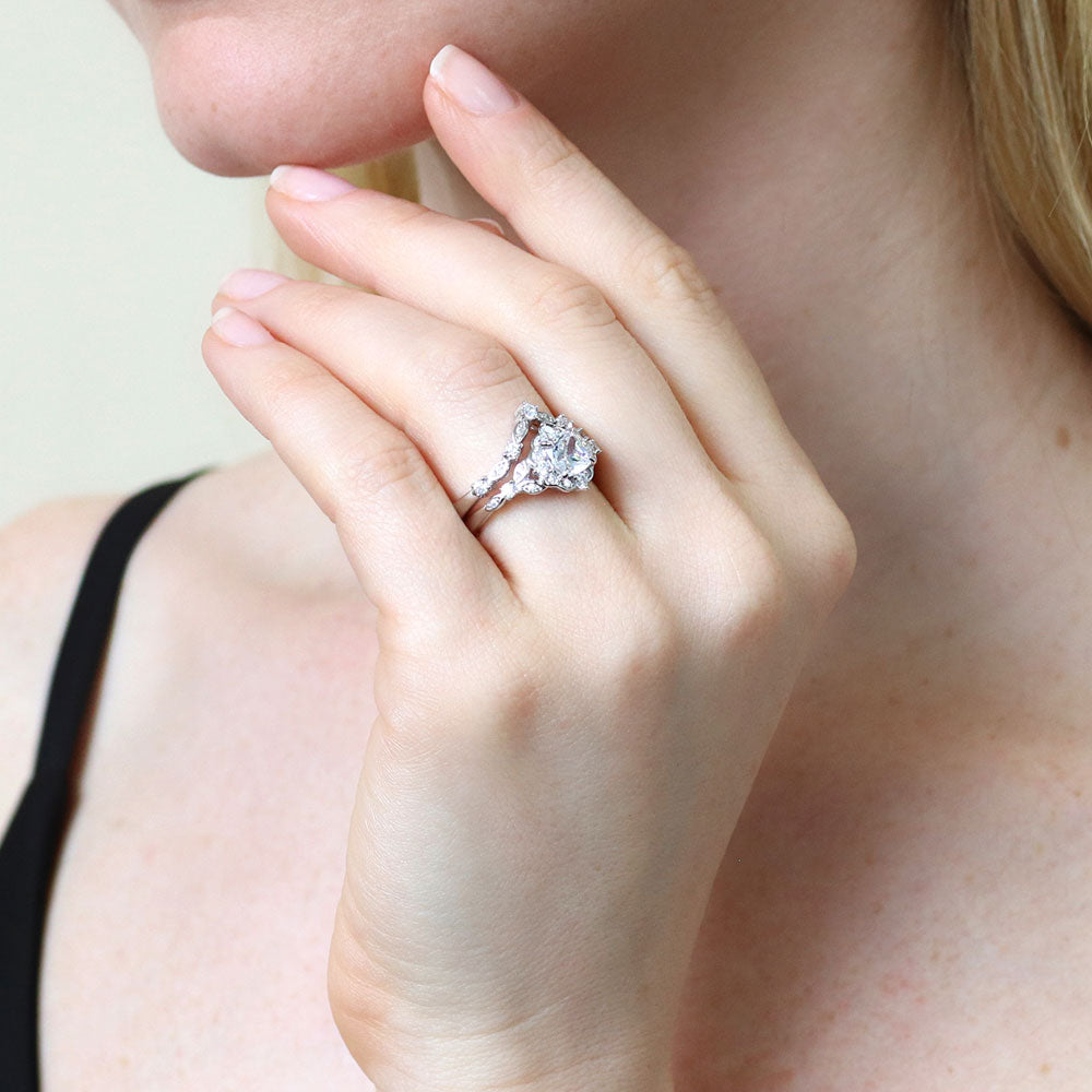 Model wearing Halo Wishbone Cushion CZ Ring Set in Sterling Silver, 11 of 19