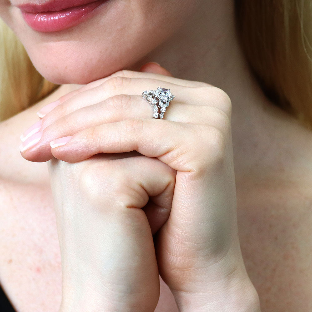 Model wearing Chevron Halo CZ Ring Set in Sterling Silver, 10 of 19