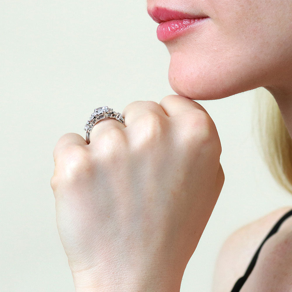 Model wearing Chevron Halo CZ Ring Set in Sterling Silver, 9 of 19