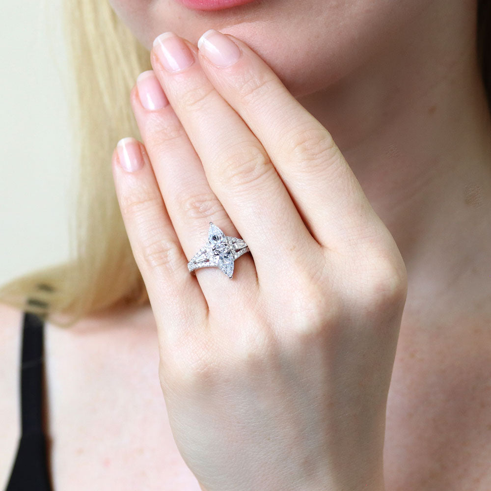 Model wearing 2-Stone Art Deco CZ Ring in Sterling Silver, 2 of 10