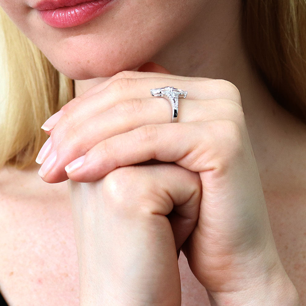 Model wearing 2-Stone Art Deco CZ Ring in Sterling Silver, 6 of 10