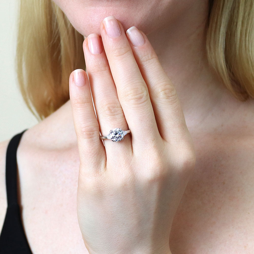 Model wearing 3-Stone 2ct CZ Ring in Sterling Silver, 2 of 10