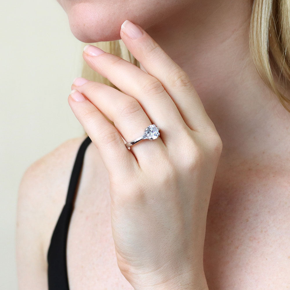 Model wearing 3-Stone Round CZ Ring in Sterling Silver, 7 of 10