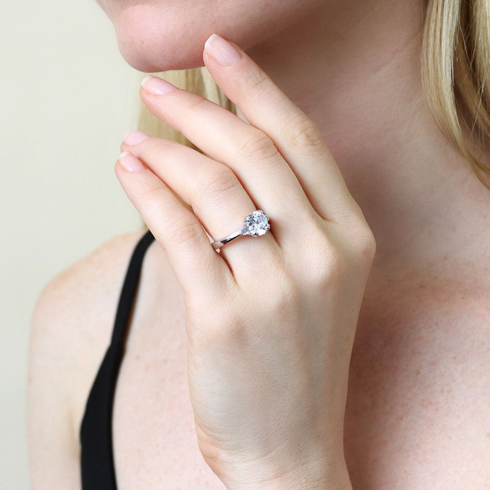 Model wearing 3-Stone 2ct CZ Ring in Sterling Silver, 7 of 10