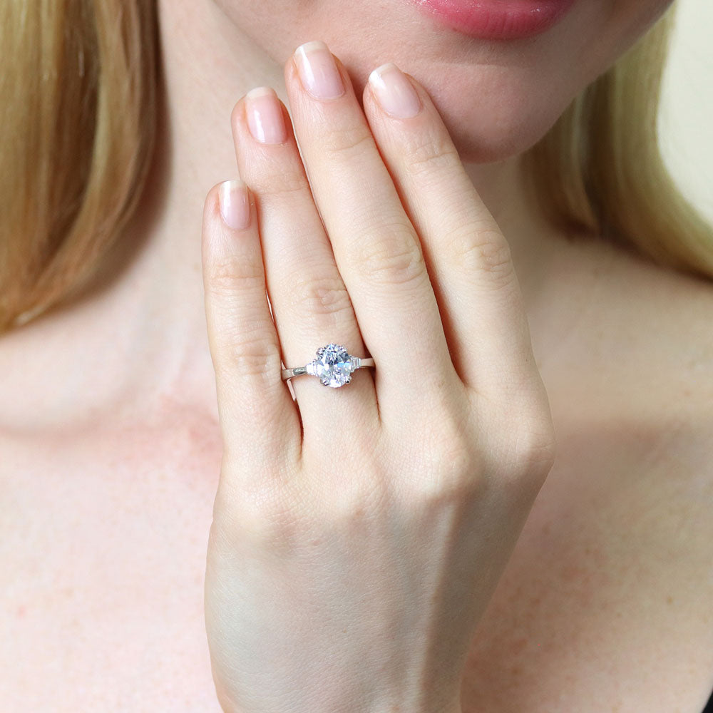 Model wearing 3-Stone Oval CZ Ring in Sterling Silver, 7 of 10