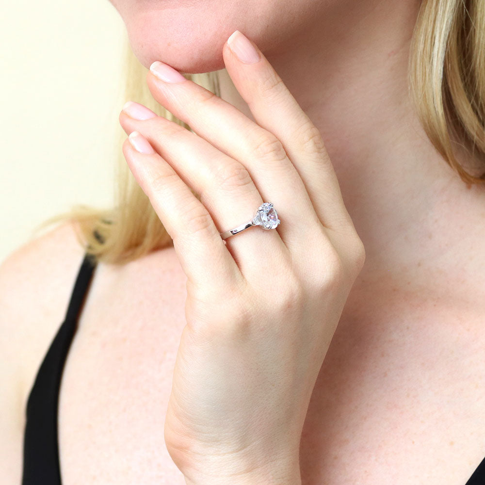 Model wearing 3-Stone 1.8ct Oval CZ Ring in Sterling Silver, 6 of 10