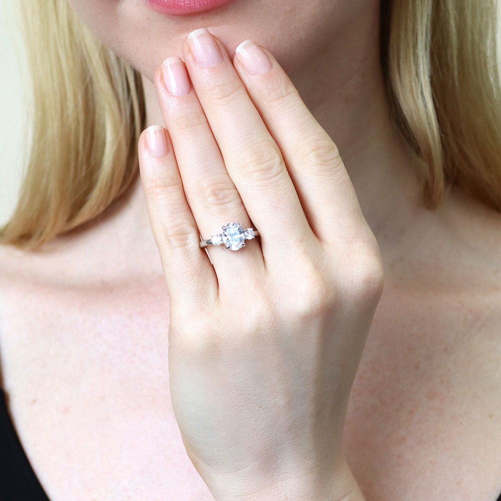 Model wearing 3-Stone 1.8ct Oval CZ Ring in Sterling Silver, 7 of 9