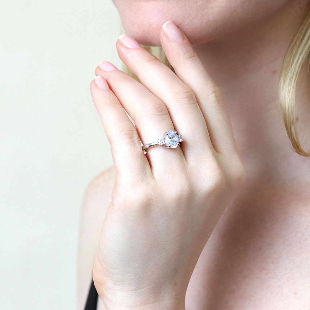 Model wearing 3-Stone 1.8ct Oval CZ Ring in Sterling Silver, 6 of 9