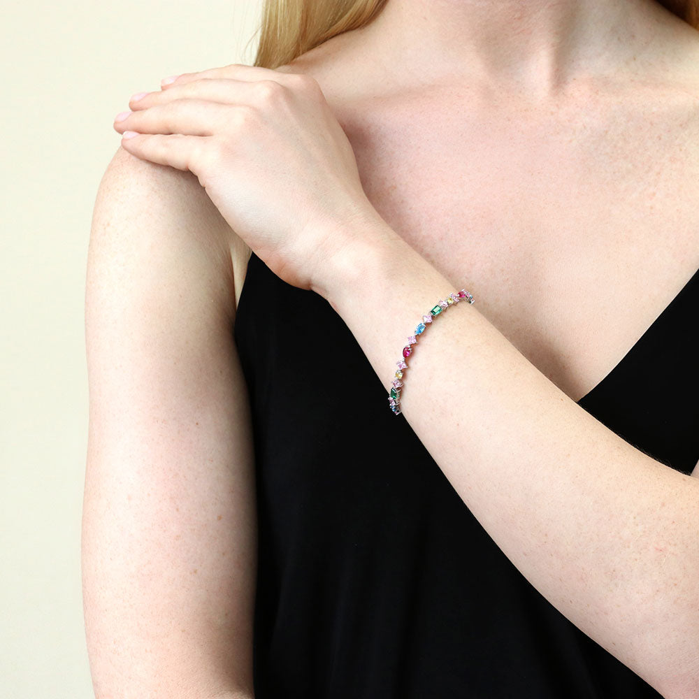 Model wearing Cluster Emerald-Green CZ Tennis Bracelet in Sterling Silver, 6 of 10