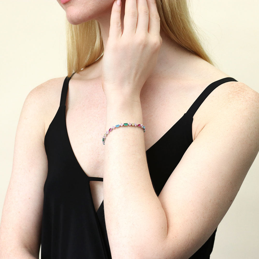 Cluster Emerald-Green CZ Tennis Bracelet in Sterling Silver