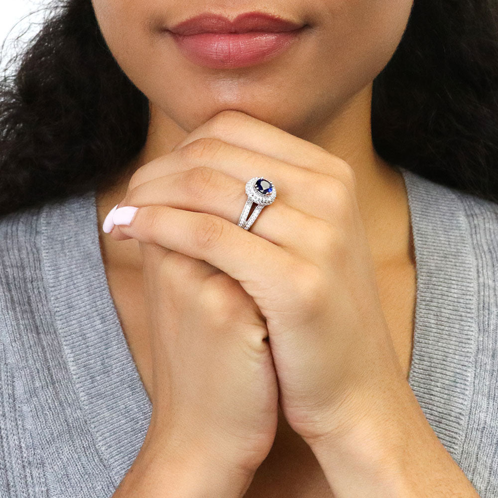 Model wearing Halo Sapphire-Blue CZ Split Shank Ring in Sterling Silver, 7 of 11