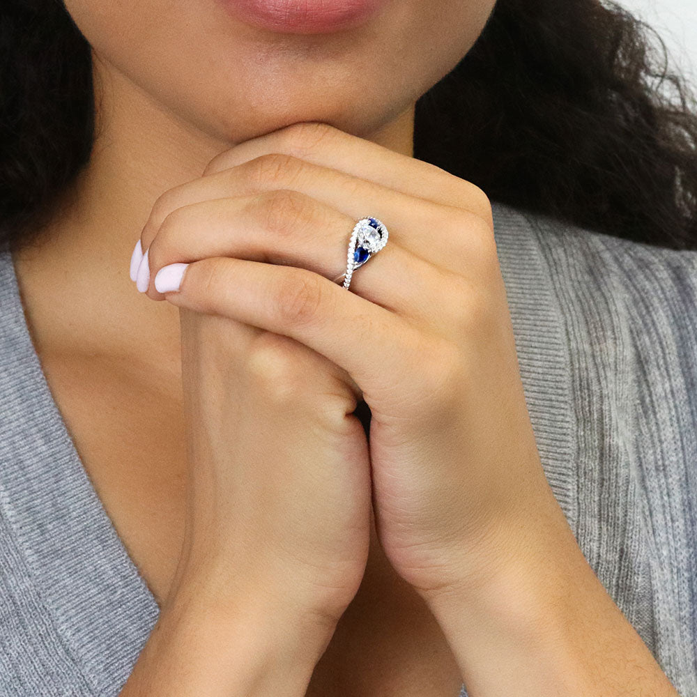 Model wearing 3-Stone Woven Bypass 0.8ct CZ Ring in Sterling Silver, 6 of 10