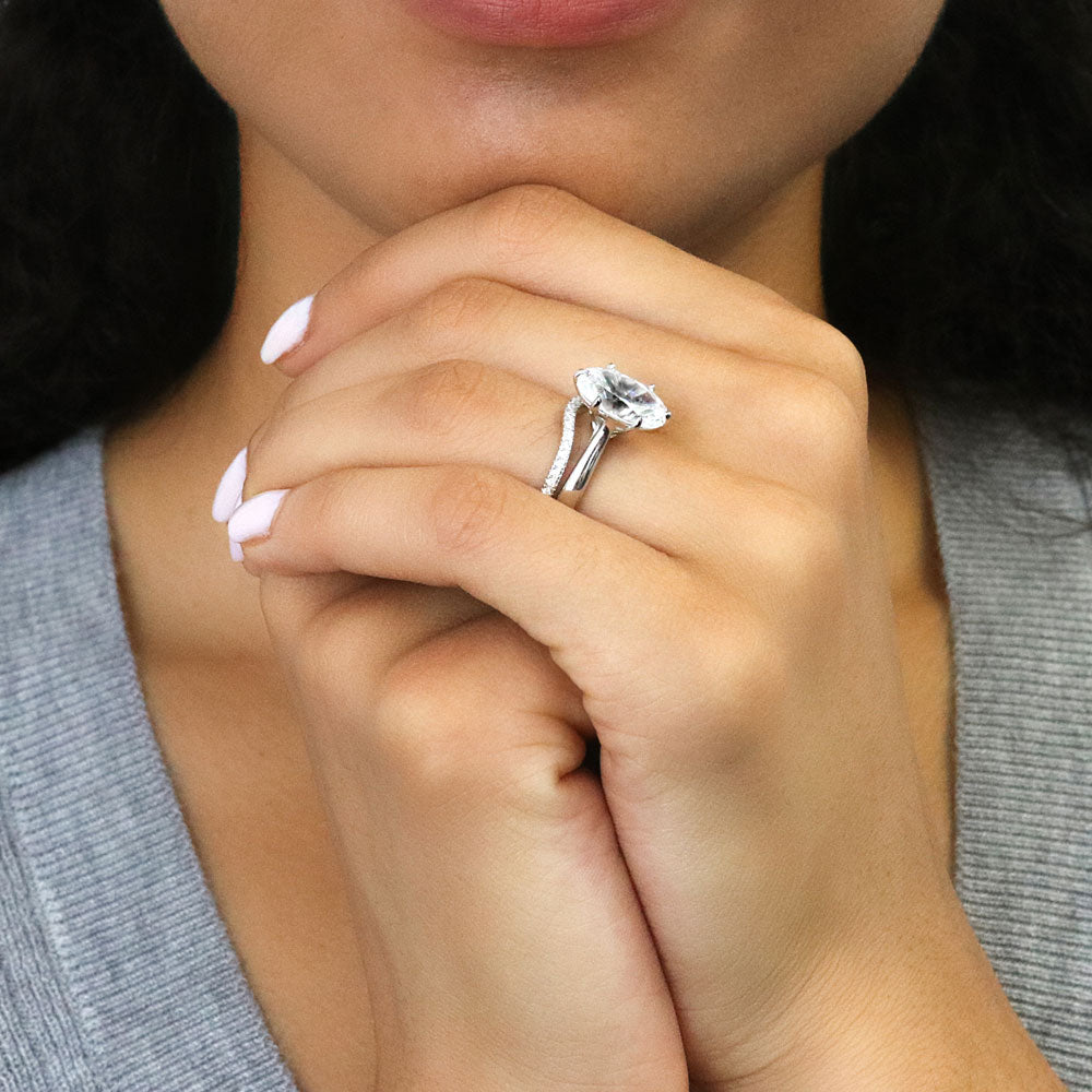 Model wearing Solitaire Wishbone 3ct Oval CZ Ring Set in Sterling Silver, 10 of 20