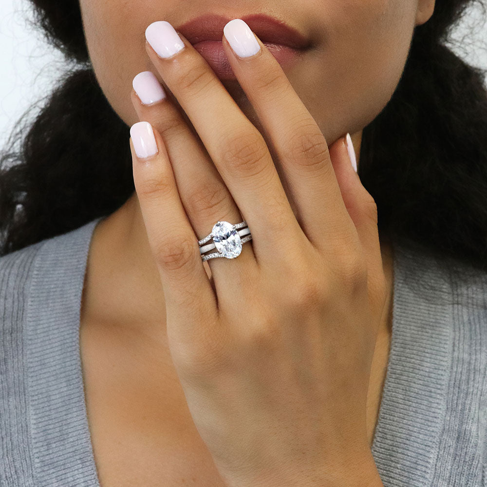 Model wearing Solitaire 3ct Oval CZ Statement Ring Set in Sterling Silver, 2 of 18