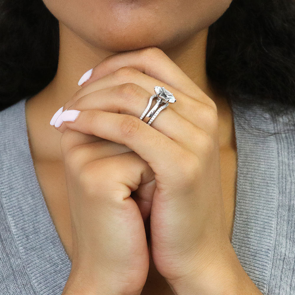 Model wearing Solitaire Wishbone 3ct Oval CZ Ring Set in Sterling Silver, 9 of 20
