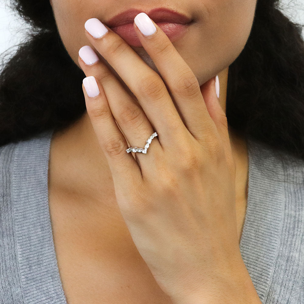 Model wearing Wishbone Chevron CZ Curved Band in Sterling Silver