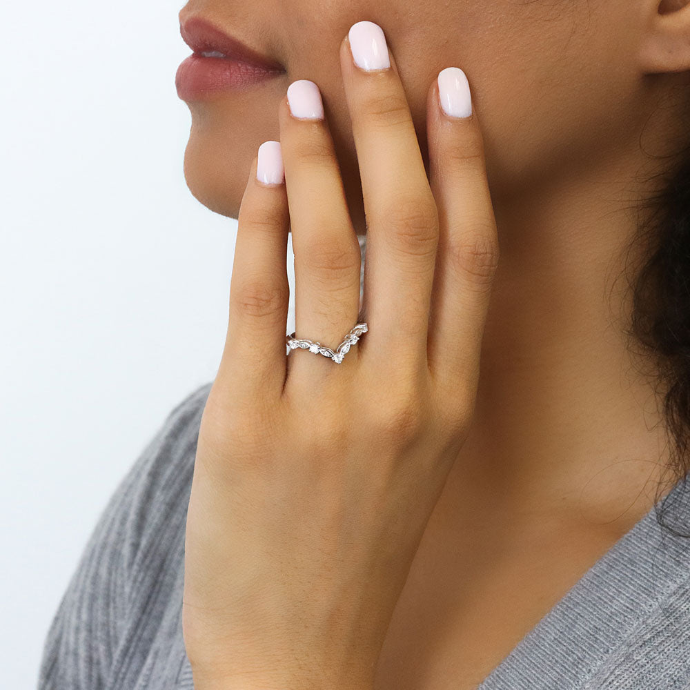 Chevron Halo CZ Ring Set in Sterling Silver