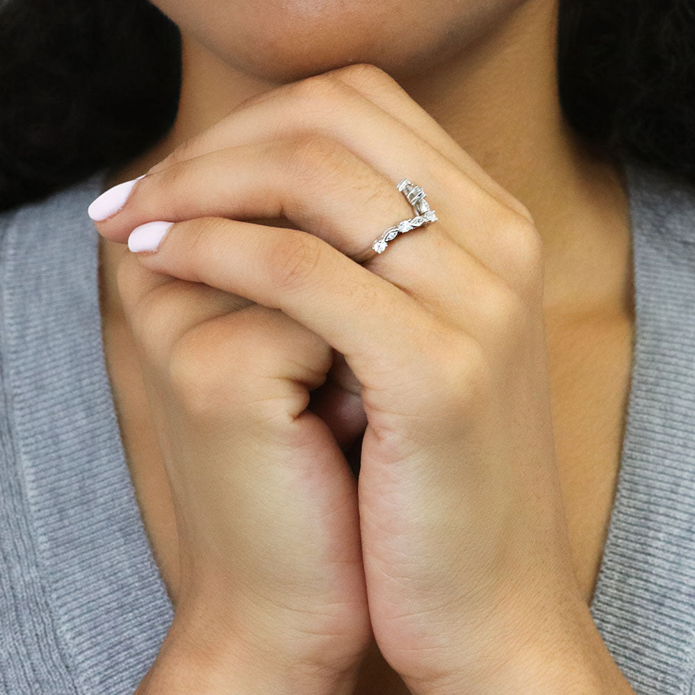 Chevron Halo CZ Ring Set in Sterling Silver