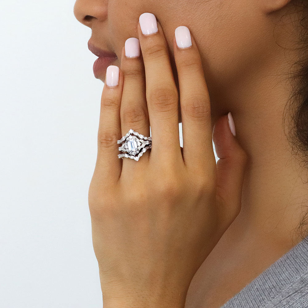 Model wearing Halo Art Deco Chevron V Shaped CZ Ring Set in Sterling Silver, 2 of 16