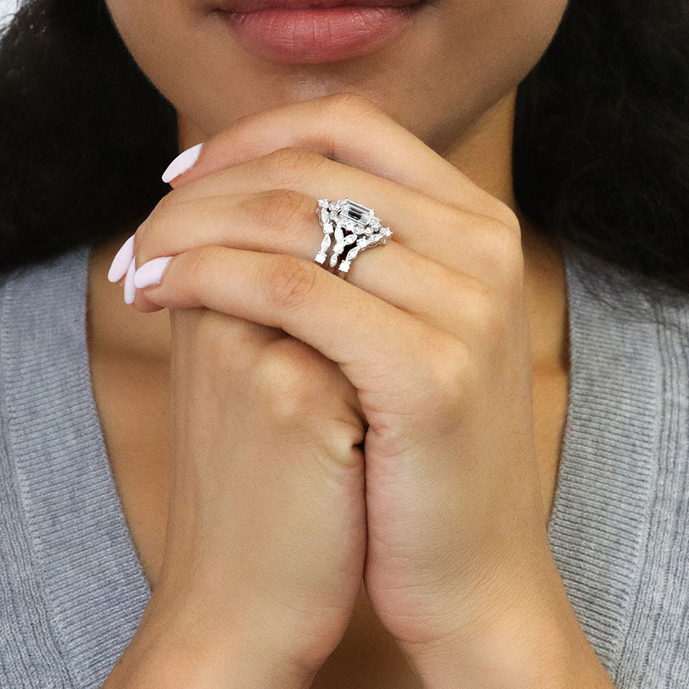 Model wearing Chevron Halo CZ Ring Set in Sterling Silver, 6 of 16