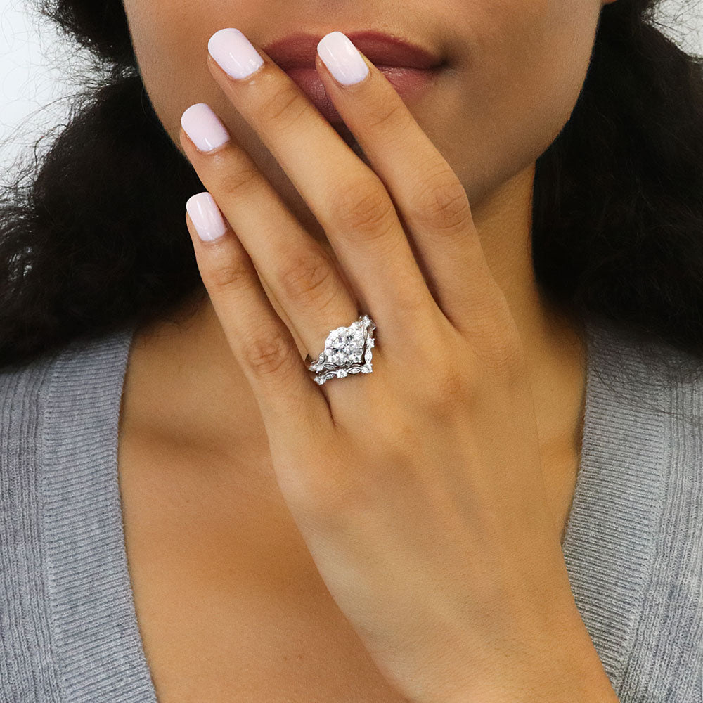 Model wearing Chevron Halo CZ Ring Set in Sterling Silver, 2 of 19