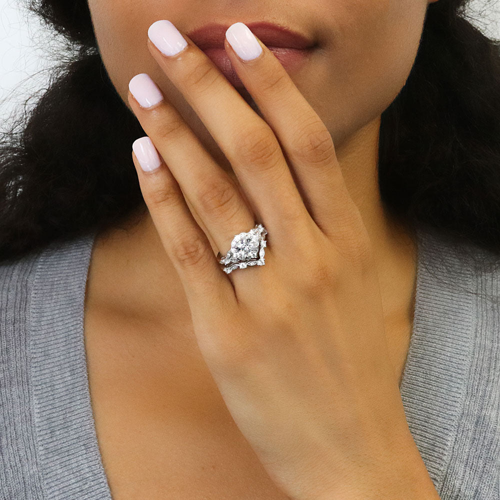 Model wearing Halo Wishbone Cushion CZ Ring Set in Sterling Silver, 2 of 19