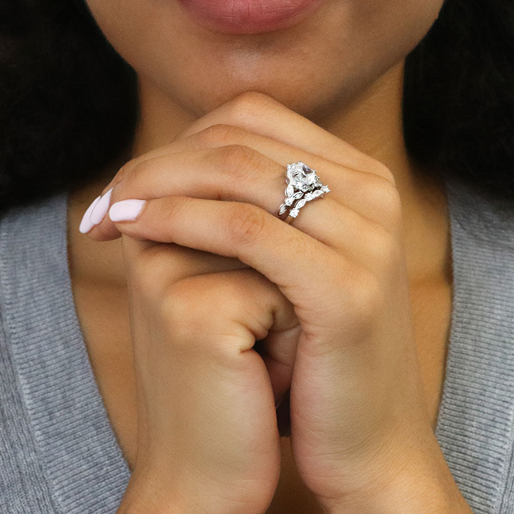 Model wearing Halo Wishbone Cushion CZ Ring Set in Sterling Silver, 7 of 19