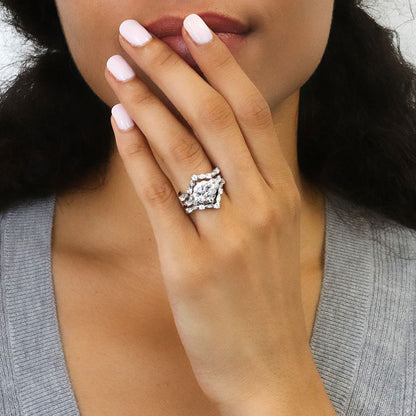 Halo Art Deco Chevron V Shaped CZ Ring Set in Sterling Silver