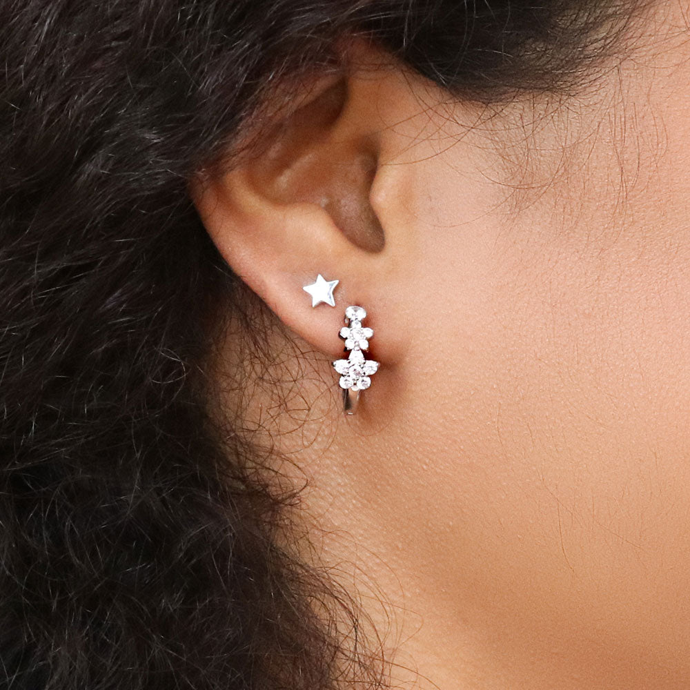Star CZ Medium Hoop Earrings in Sterling Silver 0.63"