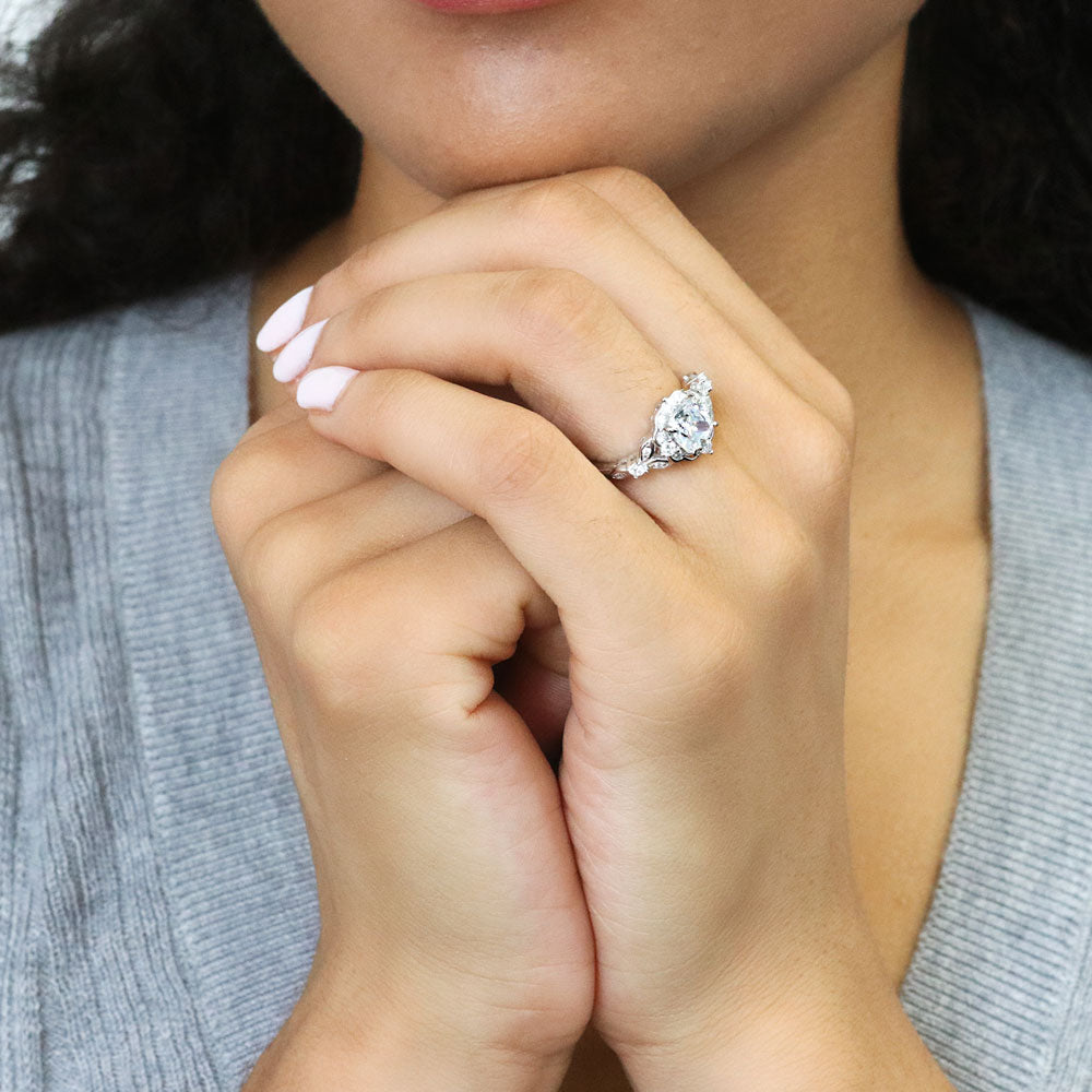 Model wearing Chevron Halo CZ Ring Set in Sterling Silver, 7 of 12