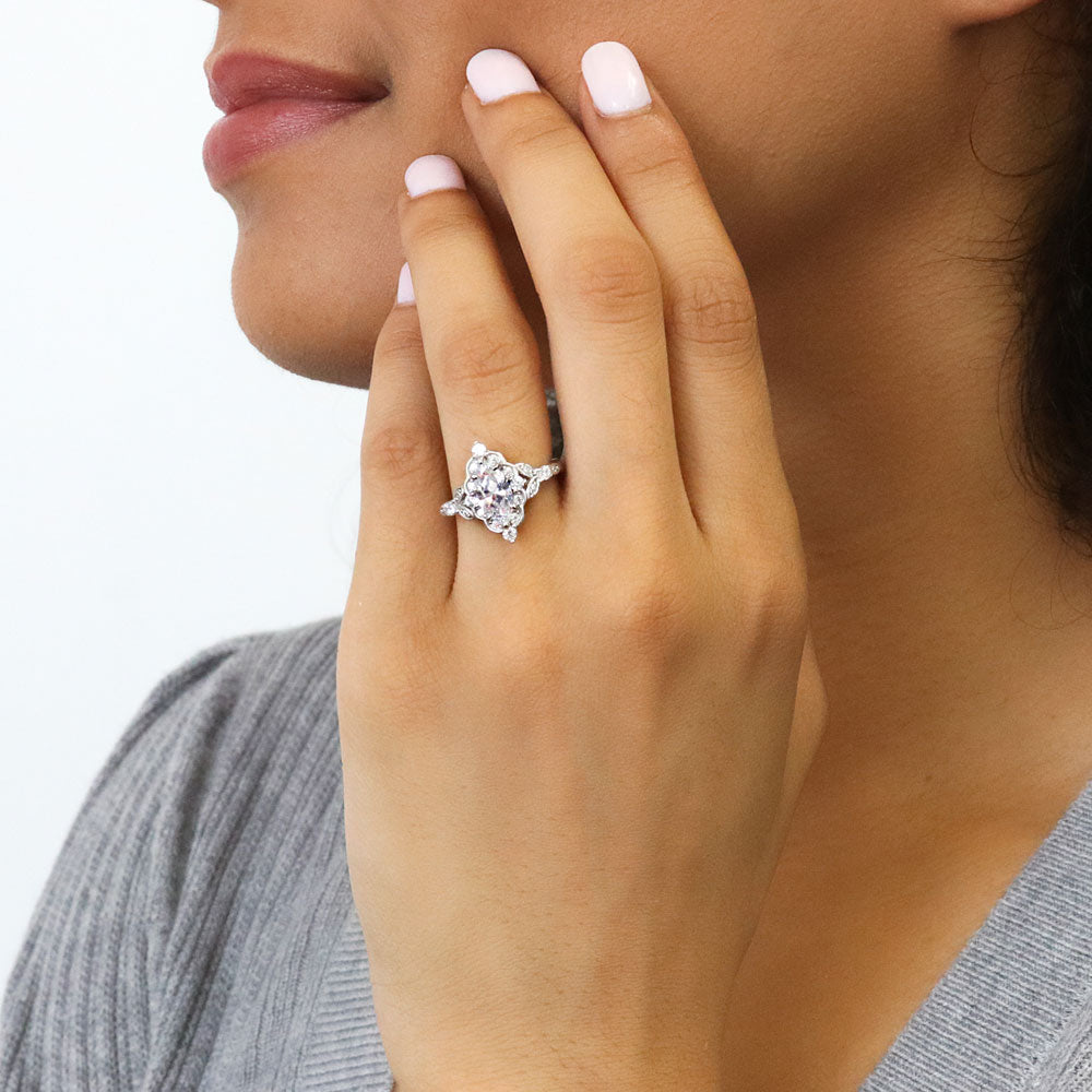Model wearing Halo Art Deco Marquise CZ Ring in Sterling Silver, 2 of 9