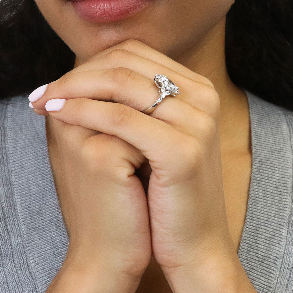 Model wearing Halo Art Deco Marquise CZ Ring in Sterling Silver, 6 of 9