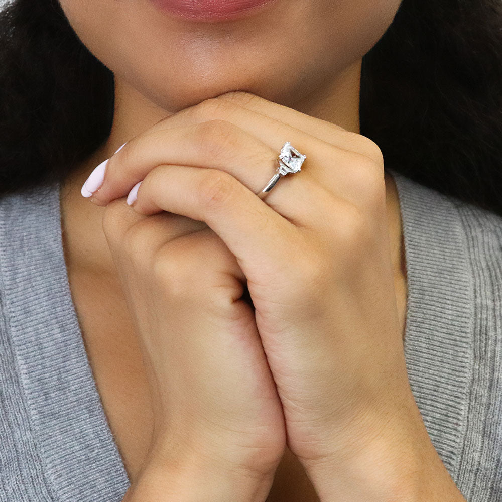 Model wearing 3-Stone 2ct Princess CZ Ring in Sterling Silver, 6 of 8