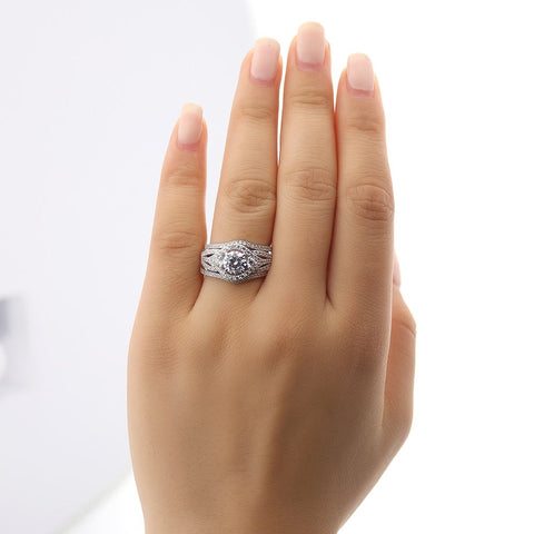 Image Contain: Model Wearing 3-Stone Ring, Wishbone Curved Half Eternity Ring
