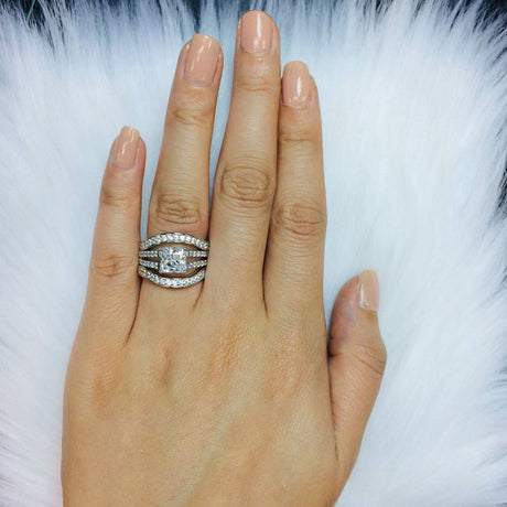 Image Contain: Model Wearing Curved Half Eternity Ring, Solitaire with Side Stones Split Shank Ring