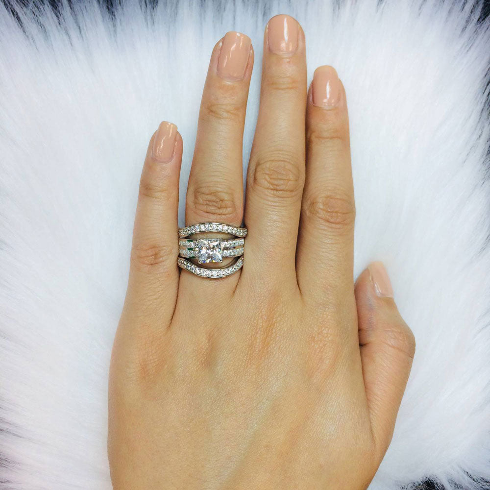 Image Contain: Model Wearing Curved Half Eternity Ring, Solitaire with Side Stones Ring