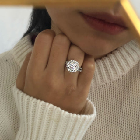 Model Wearing Half Eternity Ring, Halo Ring